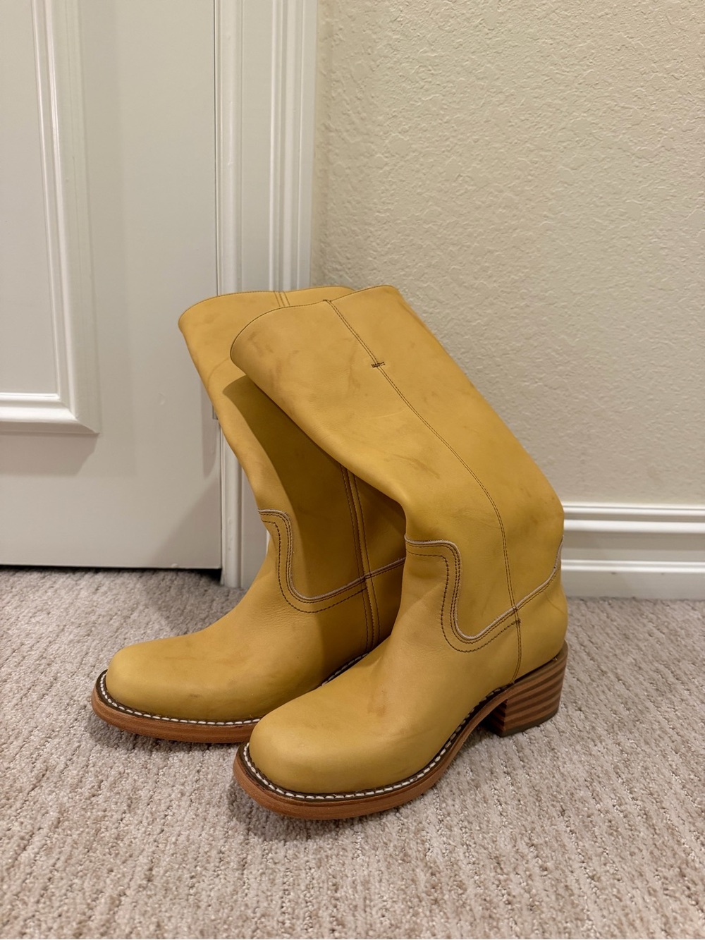 Frye Yellow Leather Mid-Calf Heeled Boots